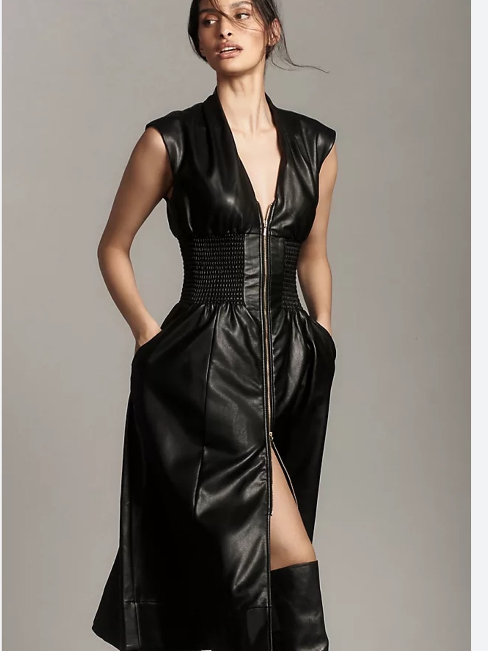 Anthropologie Smocked Front-Zip Midi Dress: Faux Leather Edition